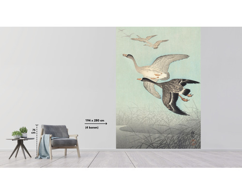 Nástenná maľba s lietajúcimi husami nad jazerom, rozmer 194 x 280 cm