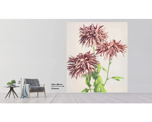 Interiér s fototapetou s motívom chryzantém, kreslom a odkladacím stolíkom.