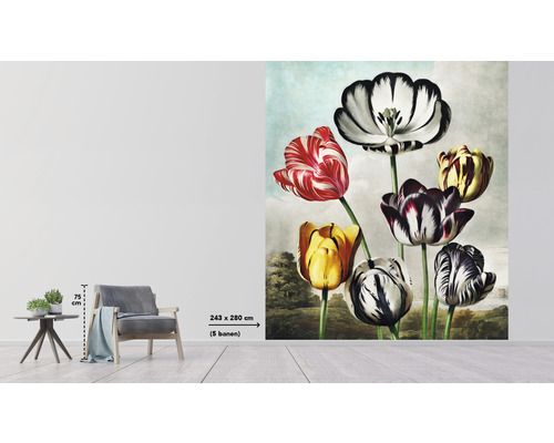Fototapeta s motívom tulipánov v obývacej izbe, rozmery 243 x 280 centimetrov