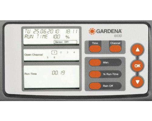 Detailný pohľad na ovládacie prvky zavlažovacieho počítača Gardena 6030