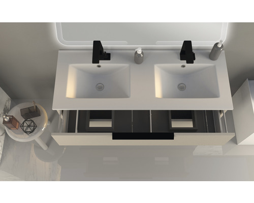 Skrinka pod umývadlo s dvojitým umývadlom a otvorenou zásuvkou zhora