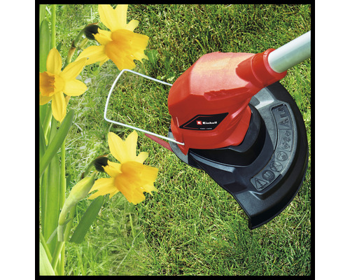 Logo Einhell. Strunová kosačka v prevádzke na trávniku vedľa narcisov.