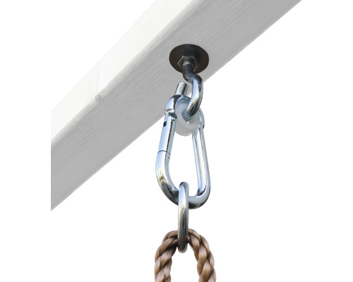 Hák na hojdačku s karabínou a lanom na drevenom tráme