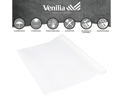 Logo Venilia. Samolepiaca fólia, vodeodolná, žiaruvzdorná do 50 stupňov, teplotne odolná medzi plus a mínus 20 stupňami, bez lepidla, odstrániteľná bezo zvyškov a opakovane použiteľná.