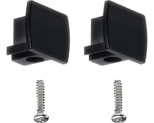 Dve čierne koncovky roliet so skrutkami