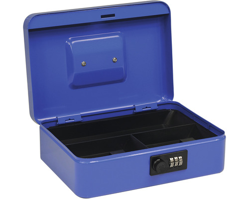 Otvorená modrá pokladnička s číselným zámkom a priehradkami