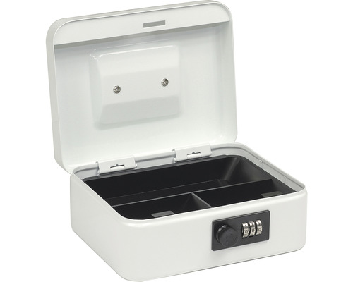 Otvorený biely kufrík na peniaze s kombinačným zámkom