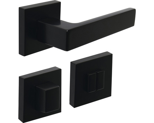 Čierna kľučka dverí s hranatou rozetou a zámkom