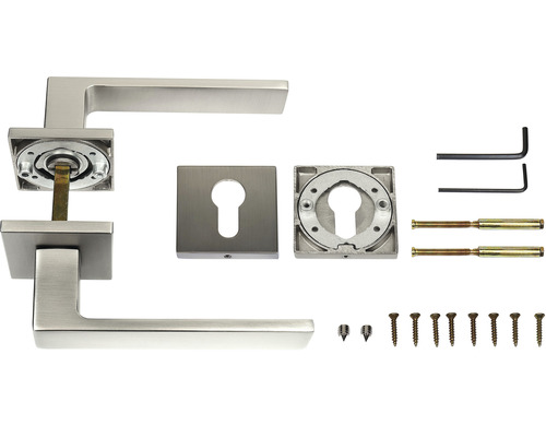 Sada kľučky ku dverám so štvorhranom, kľúčovou rozetou, upevňovacím materiálom a náradím