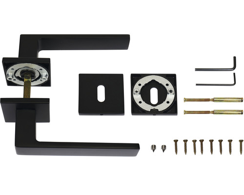 Čierne kľučky dverí s upevňovacím materiálom