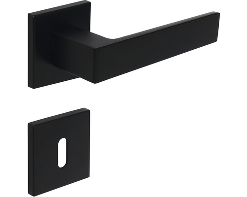 Čierna kľučka dverí so štvorcovou rozetou a kľúčovou rozetou