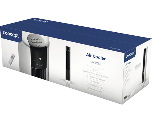 Balenie chladiča vzduchu Concept OV5210 s funkciami: letný ventilátor, zvlhčovač vzduchu, chladič vzduchu, ionizátor vzduchu, tri rýchlosti, oscilačná funkcia a diaľkové ovládanie.