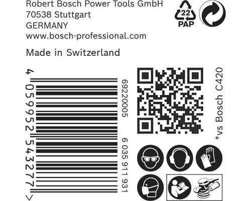 Informácie o Robert Bosch Power Tools, čiarový kód, QR kód, identifikačný znak papierového obalu, bezpečnostné opatrenia