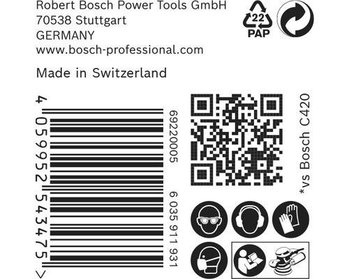 Potlač obalu produktu s informáciami o Robert Bosch Power Tools GmbH, miesto výroby Švajčiarsko, čiarový kód, QR kód a bezpečnostné pokyny