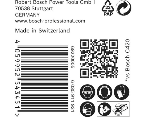 Obal produktu s informáciami o Robert Bosch Power Tools GmbH, čiarový kód, QR kód, pokyny na recykláciu a bezpečnostné opatrenia