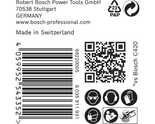 Informácie o Robert Bosch Power Tools GmbH, čiarový kód, QR kód a požadované ochranné vybavenie