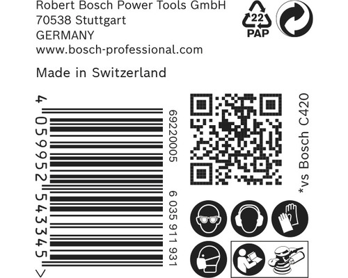Informácie o Robert Bosch Power Tools, čiarový kód, QR kód a bezpečnostné pokyny.