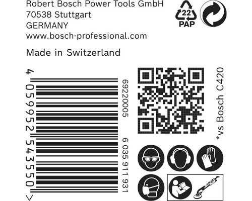Informácie o Robert Bosch Power Tools, čiarový kód, QR kód, symbol papierového obalu, symboly povinných ochranných pomôcok a symbol zariadenia