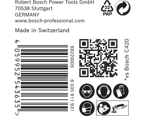 Informácie o Robert Bosch Power Tools, čiarový kód, QR kód, papierový obal a ochranné symboly