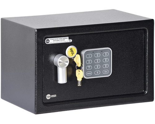 Čierny trezor s číselným kódom a kľúčom od Yale