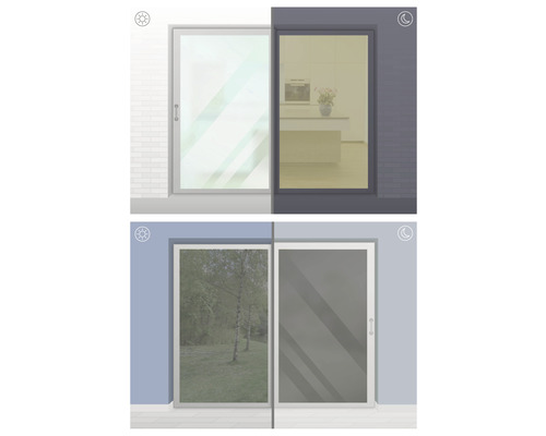 Ilustrácia okna, ktoré sa stmavuje v závislosti od dennej doby