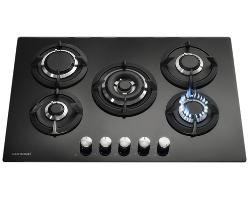 Čierna plynová varná doska s piatimi horákmi a ovládacími gombíkmi