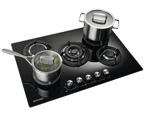 Čierna plynová varná doska s piatimi horákmi a dvoma hrncami