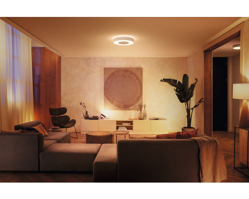 Obývacia izba s pohovkou, kreslom, skriňou, izbovou rastlinou a okrúhlym stropným svietidlom