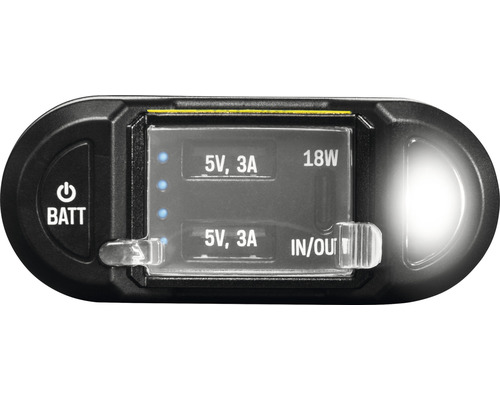 Detailný pohľad na powerbanku s indikátorom stavu batérie, 5 voltov, 3 ampéry a výkonom 18 wattov.
