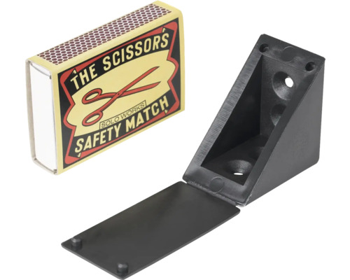 Čierny plastový rohový konektor so zápalkovou škatuľkou na porovnanie veľkosti