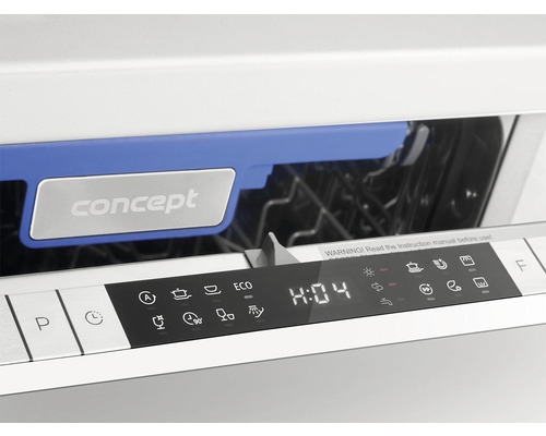 Detail ovládacieho panela umývačky riadu s indikátormi a tlačidlami a logom Concept.