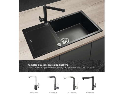 Čierny granitový kuchynský drez s batériou na pracovnej doske