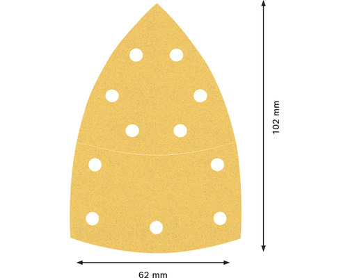 Trojuholníkový brúsny papier s otvormi a rozmermi 102 mm krát 62 mm.