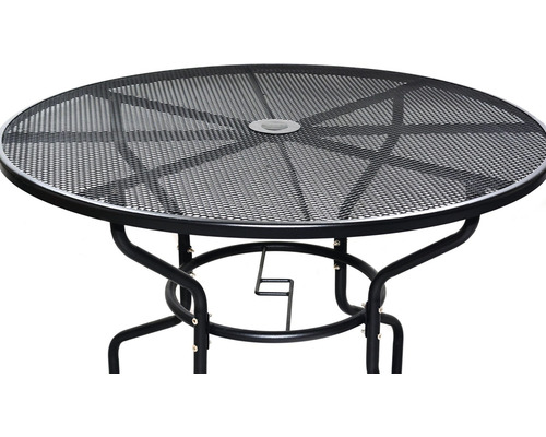 Okrúhly kovový záhradný stôl s otvorom na slnečník