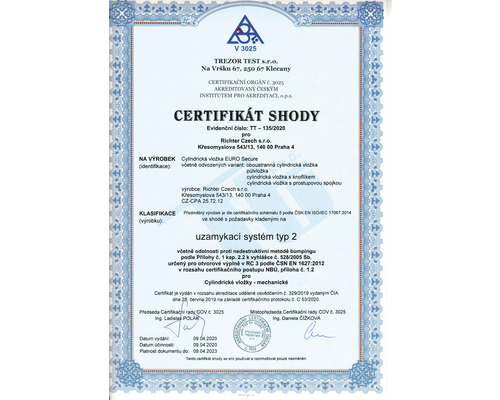 Certifikát zhody pre cylindrickú vložku EURO Secure