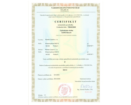 Certifikát pre cylindrickú vložku EURO Secure