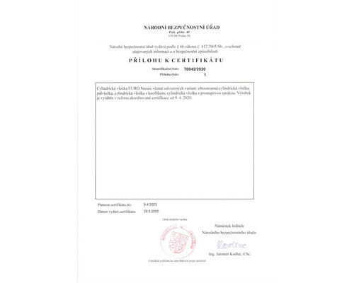 Príloha k certifikátu valca EURO Secure