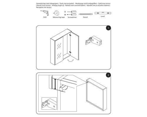 Návod na montáž zrkadlovej skrinky so symbolmi náradia