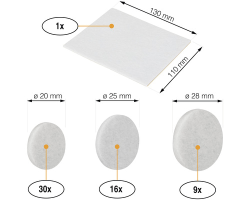 Sada nábytkových plstených klzákov s jedným obdĺžnikovým plsteným klzákom, 30 plstenými klzákmi s priemerom 20 milimetrov, 16 plstenými klzákmi s priemerom 25 milimetrov a deviatimi plstenými klzákmi s priemerom 28 milimetrov
