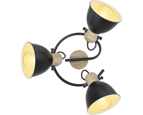 Stropné svietidlo s tromi reflektormi, drevo a kov