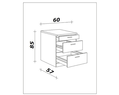 Nákres komody s tromi zásuvkami a rozmermi