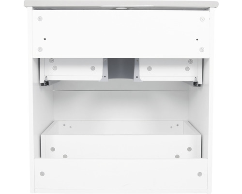 Vnútorný pohľad na bielu skrinku pod umývadlo so zásuvkami do kúpeľne