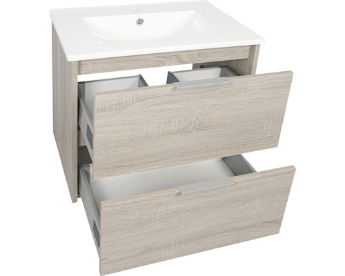 Skrinka pod umývadlo s dvomi otvorenými zásuvkami a keramickým umývadlom