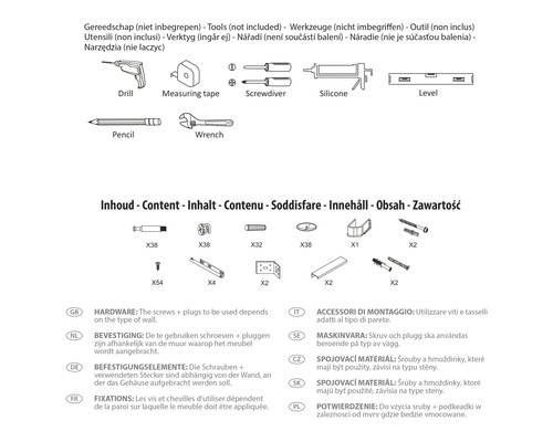 Obrázok nástrojov a upevňovacieho materiálu, ako je vŕtačka, skrutkovač, skrutky a hmoždinky