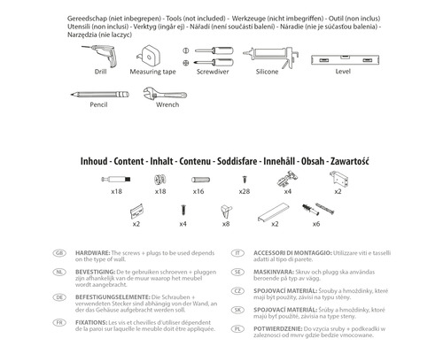 Ilustrácia nástrojov a upevňovacieho materiálu potrebného na montáž.