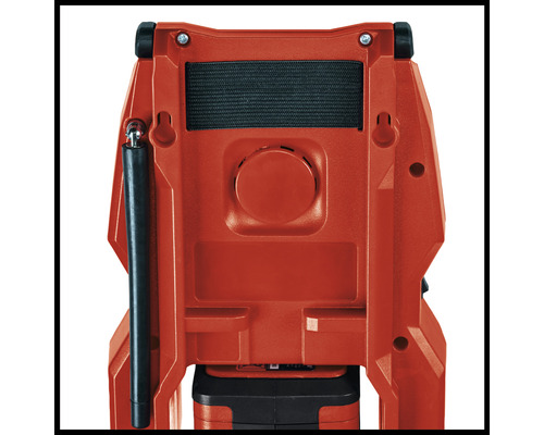 Zadná strana červenej akumulátorovej lampy Einhell s rukoväťou a závesom