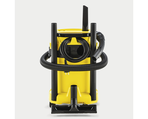 Žltý viacúčelový vysávač s príslušenstvom a hadicou