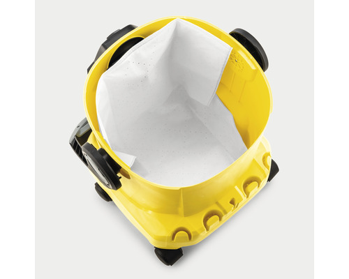 Žltý vysávač s prázdnym filtračným vreckom zhora