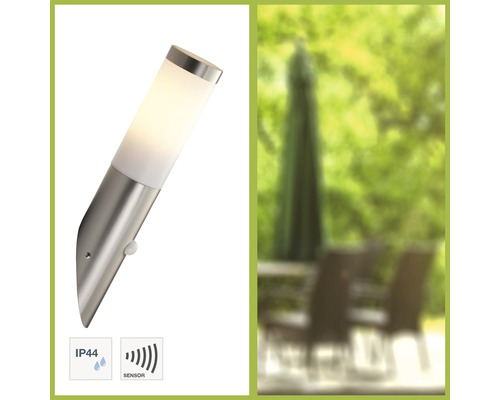 Nerezové vonkajšie svietidlo so senzorom a stupňom krytia IP44