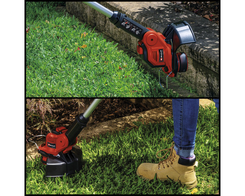 Dvojdielny obrázok akumulátorového vyžínača Einhell používaného na rezanie okrajov a kosenie trávy